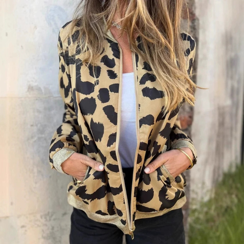 Zara Fall Winter Casual Cheetah Print Zipper Baseball Jacket